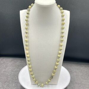 Vintage Silver-Tone Pale‎ Green Marble Beaded Classic Rosary-Style Necklace